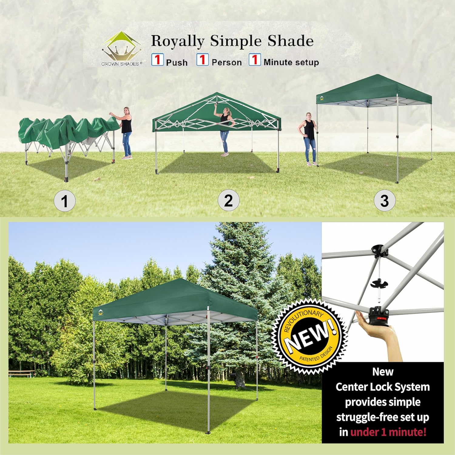 CROWN SHADES - Toldo desplegable de 3.60 x 3.60 metros, toldo patentado de un empuje con bolsa de transporte con ruedas, 8 estacas y 4 cuerdas, negro
