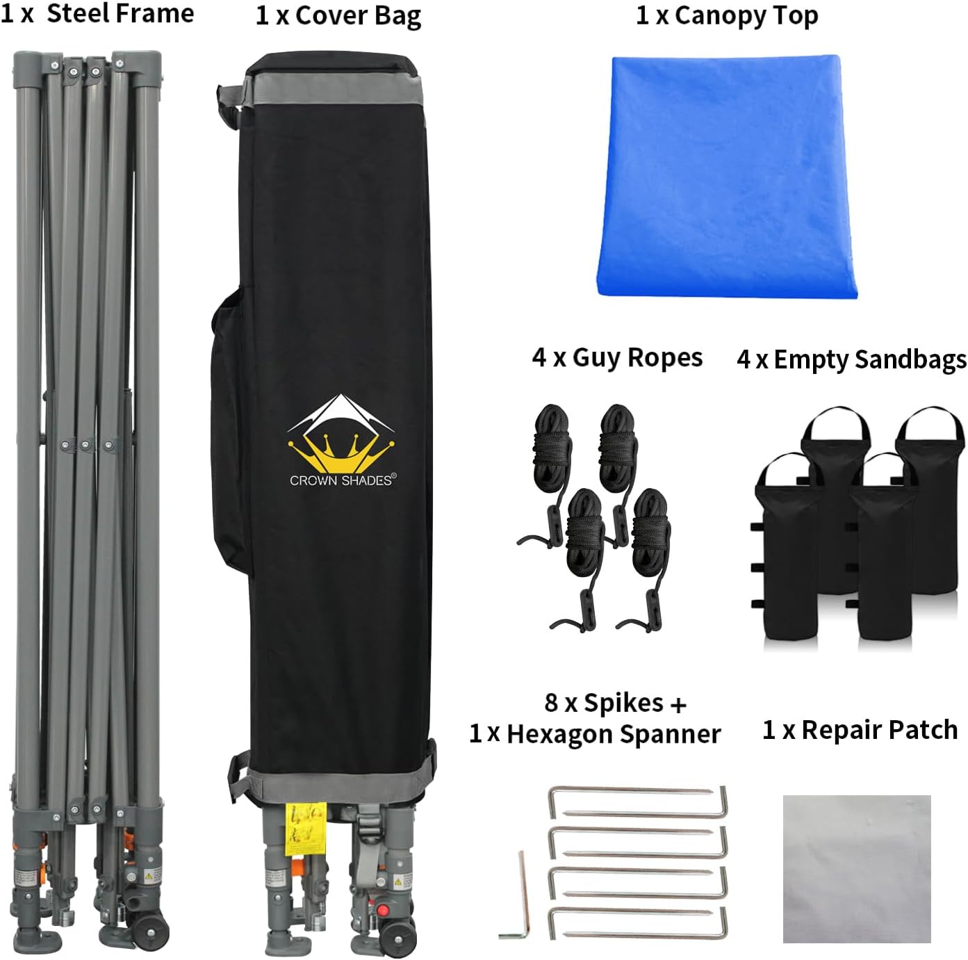 CROWN SHADES - Toldo desplegable de 3.60 x 3.60 metros, toldo patentado de un empuje con bolsa de transporte con ruedas, 8 estacas y 4 cuerdas, negro