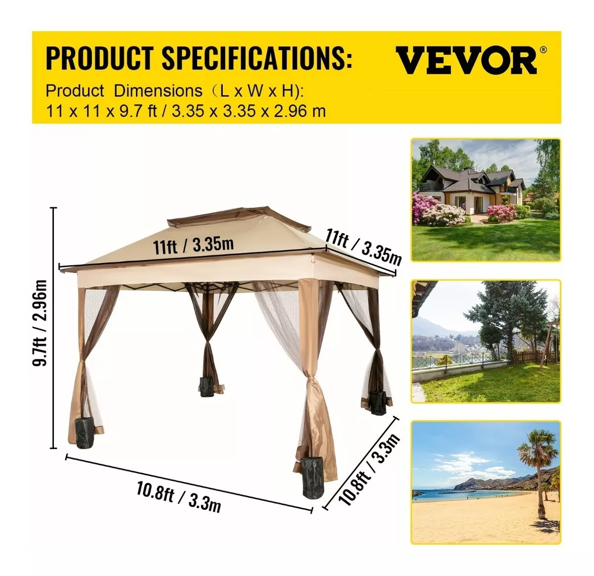 Toldo de tienda impermeable plegable reforzado Vevor 3,3 m * 3,3 m