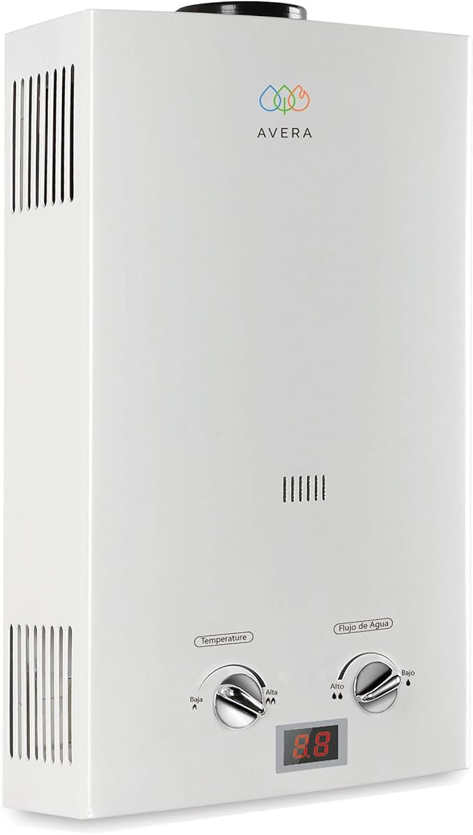 AVERA Calentador de Agua Instantaneo para 1 Regadera GAS LP, Perillas Reguladoras, (Ahorra Hasta 80% de Gas y Disfruta de Agua Caliente al Instante), Boiler de Paso, Capacidad 6 Litros/Minuto, C6L