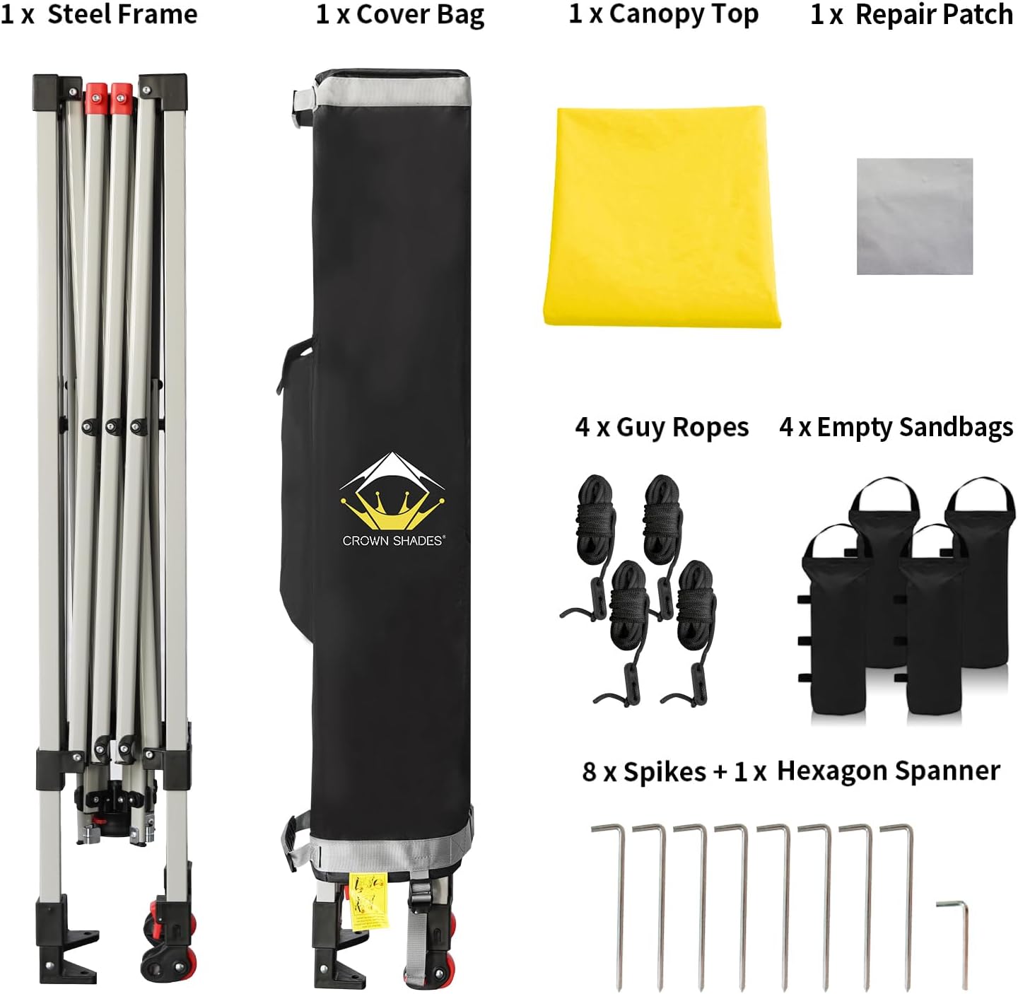 CROWN SHADES - Toldo desplegable de 3.60 x 3.60 metros, toldo patentado de un empuje con bolsa de transporte con ruedas, 8 estacas y 4 cuerdas, negro