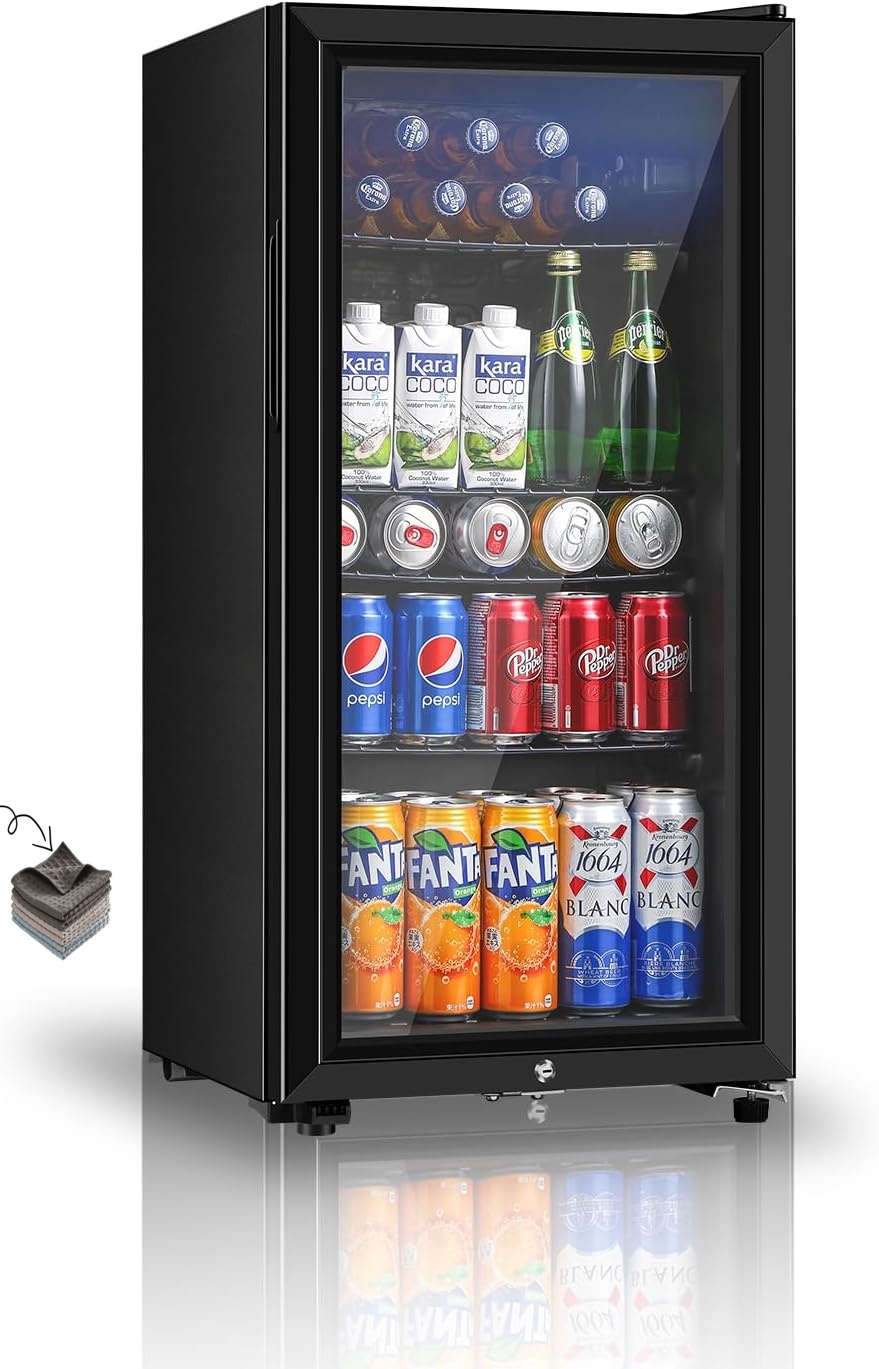 Saeoola - Refrigerador para bebidas, mini refrigerador de 3.2 pies cúbicos con puerta de vidrio doble, enfriador para refrescos, cerveza o vino para el hogar, oficina o bar con estantes extraíbles