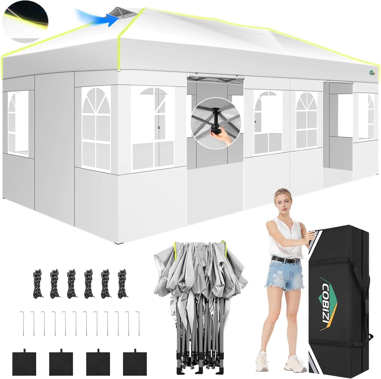 COBIZI - Tienda de campaña desplegable de 10 x 20 Pulgadas, Tienda de campaña instantánea Comercial para Bodas, Fiestas con 3 Altura Ajustable, toldo Ez Up para Exteriores, Impermeable, UPF50+ con