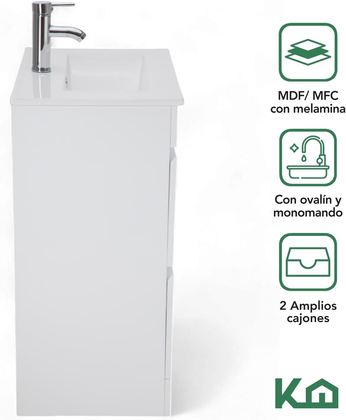 Kingshouse | Gabinete para Baño con Ovalín y Monomando – Mueble de Baño Lavamanos con 2 Cajones – Lavabo – Gabiente Organizador - Color Gris Mate – Fibra de Madera MDF – Lavamanos De Cerámica