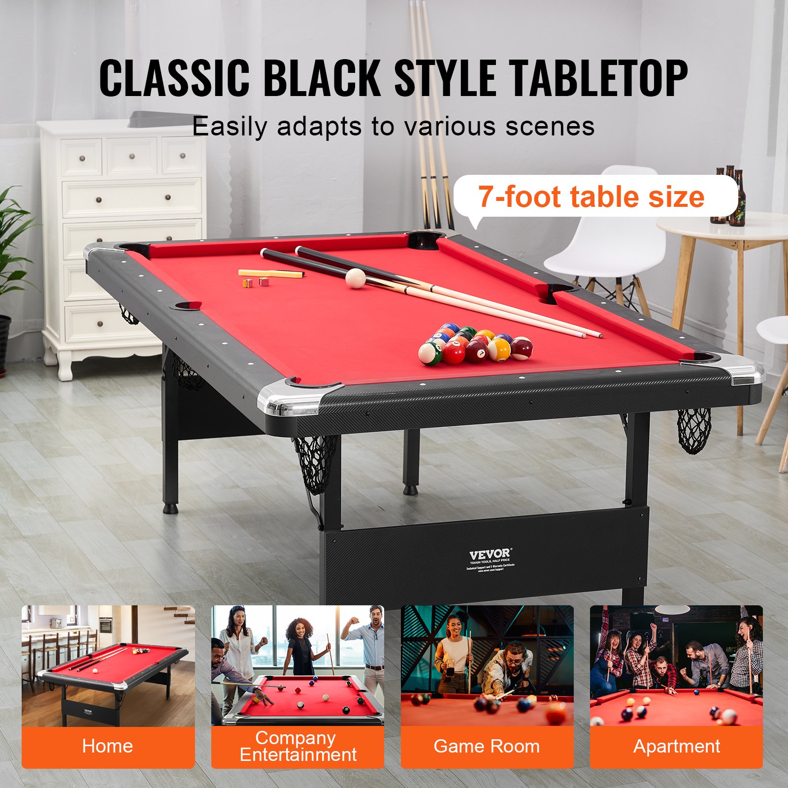 Mesa de Billar 213,4x120x80,5 cm Kit de Billar Plegable y Portátil Set Completo de Accesorios con Bolas, Tacos, Tizas y Pincel Color Negro con Tela Roja para Sala de Juegos, Hogar, Club, Bar