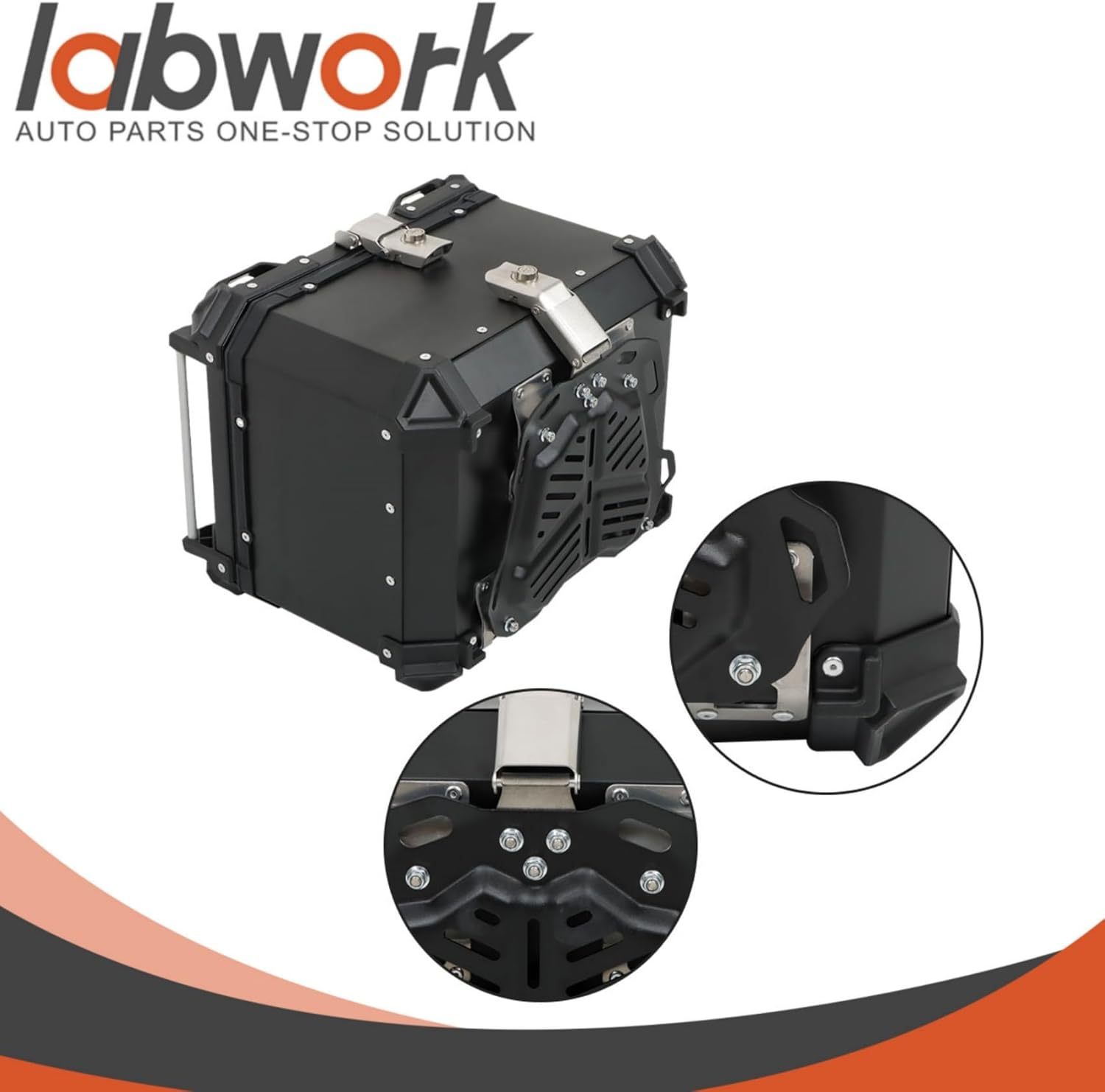 Labwork - Caja trasera para motocicleta de 45 l, con placa de montaje, aleación de aluminio dura, cierre de seguridad contra robo, metal plateado, caja trasera para maletero