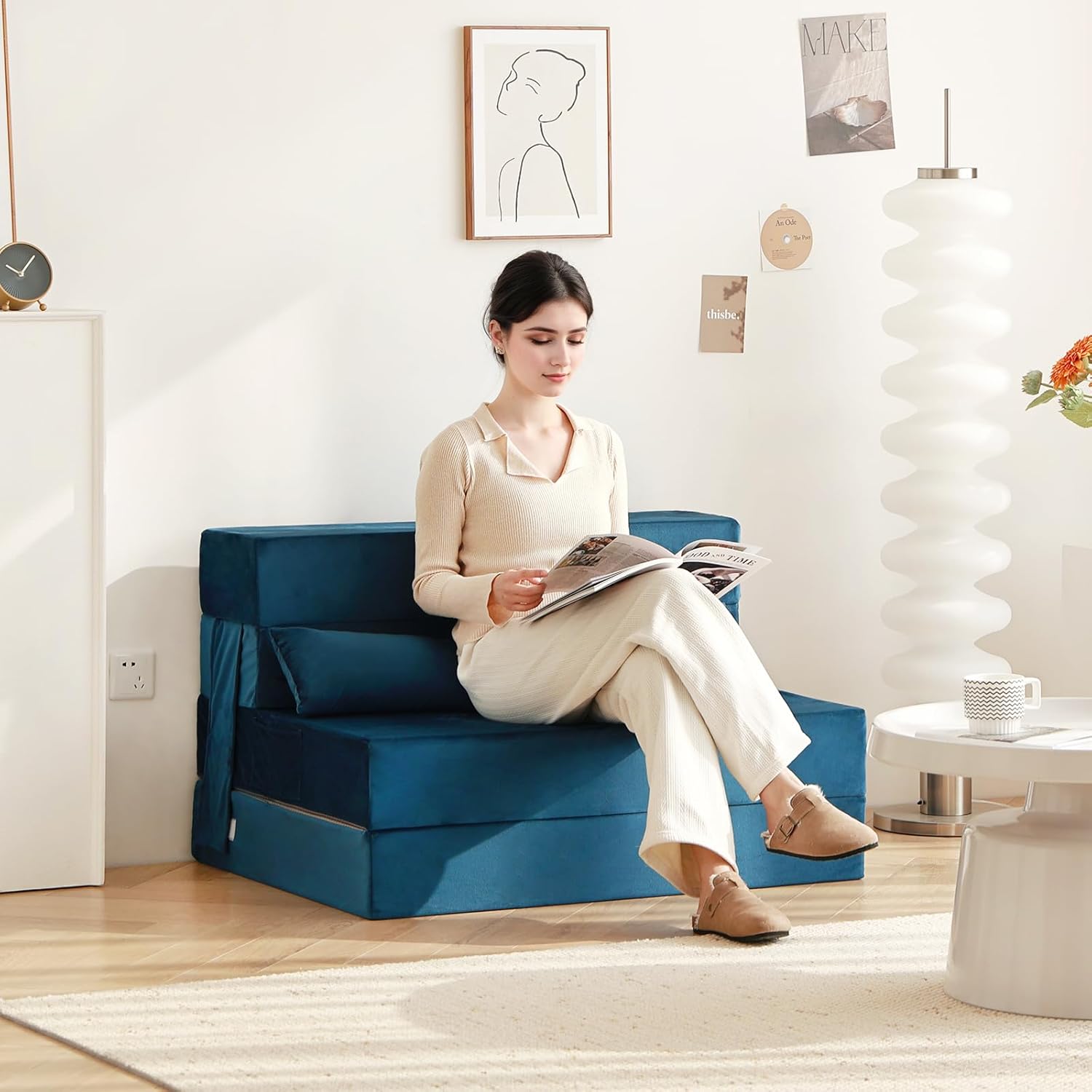 Tiita - Sillón de futón, tamaño individual, sofá cama plegable con almohada, colchón de piso y futón para sala de estar, recámara, uso de invitados, departamento