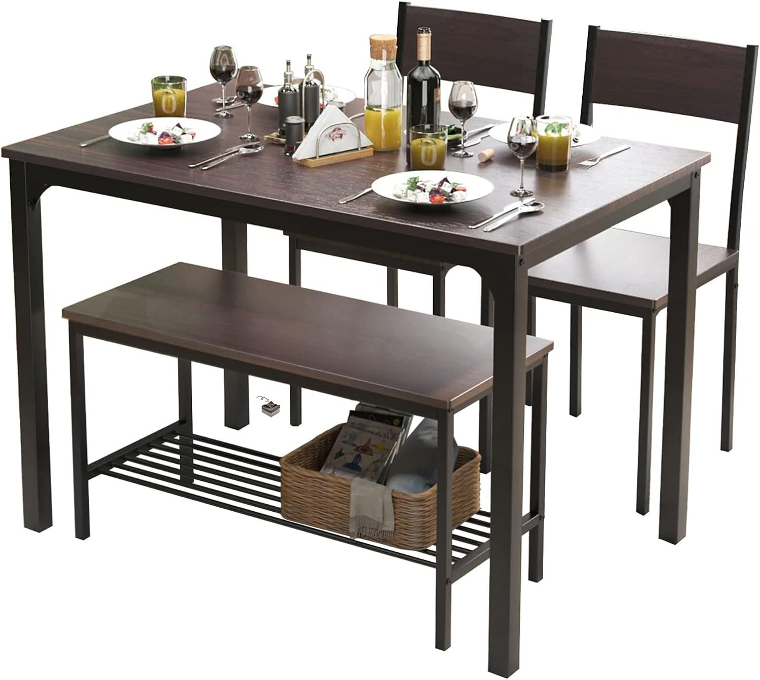 soges - Juego de mesa de comedor para 4 personas, juego de mesa de cocina de 43.5 pulgadas para sillas de 4,2 con respaldo, banco para 2 personas con estante de almacenamiento, juego de muebles para comedor y restaurante, roble rústico-trapo