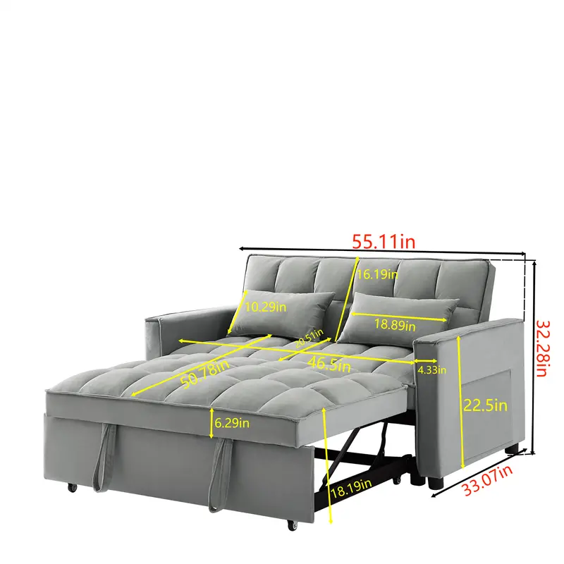 Sofá convertible de terciopelo 3 en 1, mejora de la versión anterior, con colchón plegable, respaldo inclinable, cojines y bolsillos para dormir, ideal para dormitorio,   y apartamento, cubierta de sofá en   y gris detalles 1