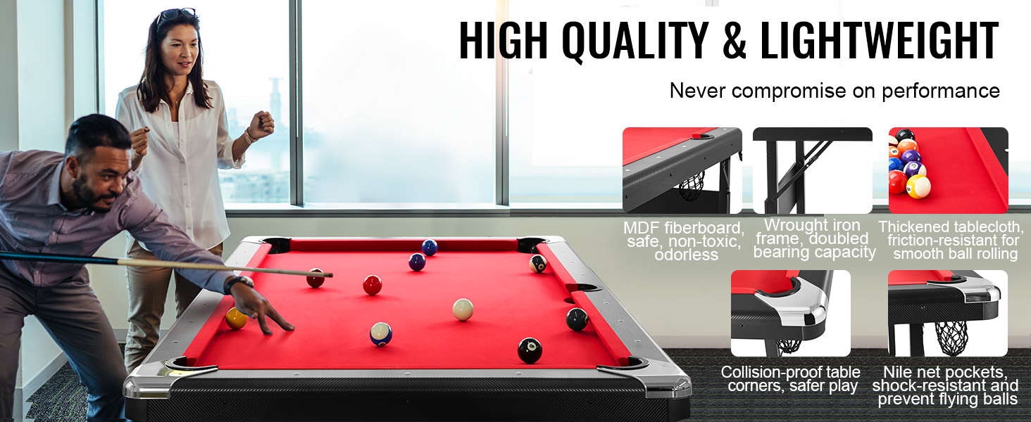 Jugando en una mesa de billar roja VEVOR con tablero de fibra de MDF, marco de hierro forjado y bolsillos de red de Nilo.