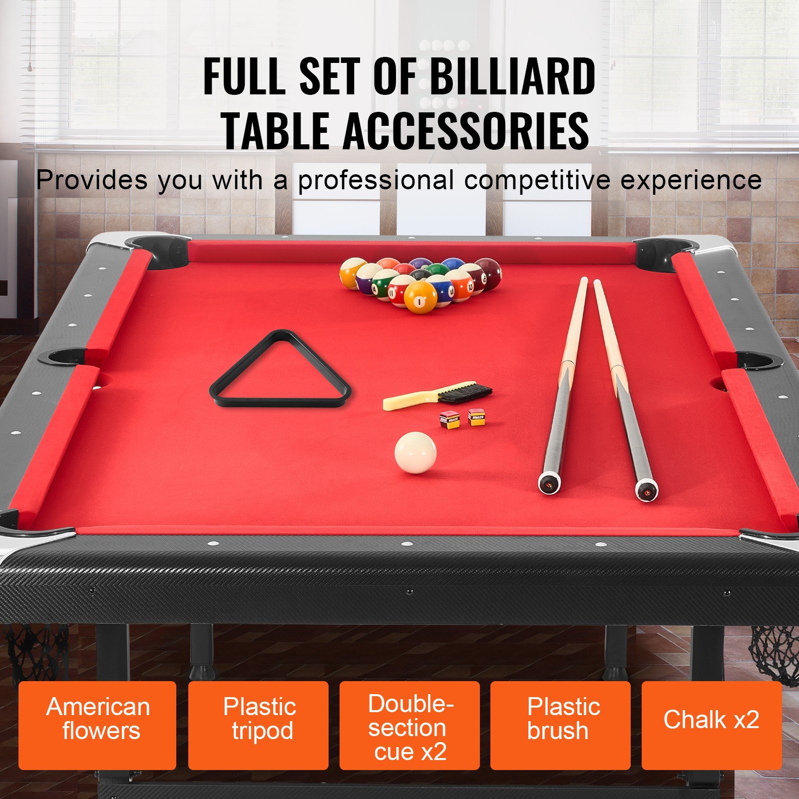 Mesa de Billar 213,4x120x80,5 cm Kit de Billar Plegable y Portátil Set Completo de Accesorios con Bolas, Tacos, Tizas y Pincel Color Negro con Tela Roja para Sala de Juegos, Hogar, Club, Bar