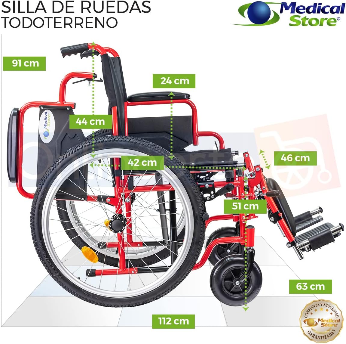 Medical Store Silla de Ruedas TODO TERRENO de Lujo, Modelo 101, Acero Resistente, Con Eleva piernas Desmontables y Descansabrazos Abatibles Color Rojo.…
