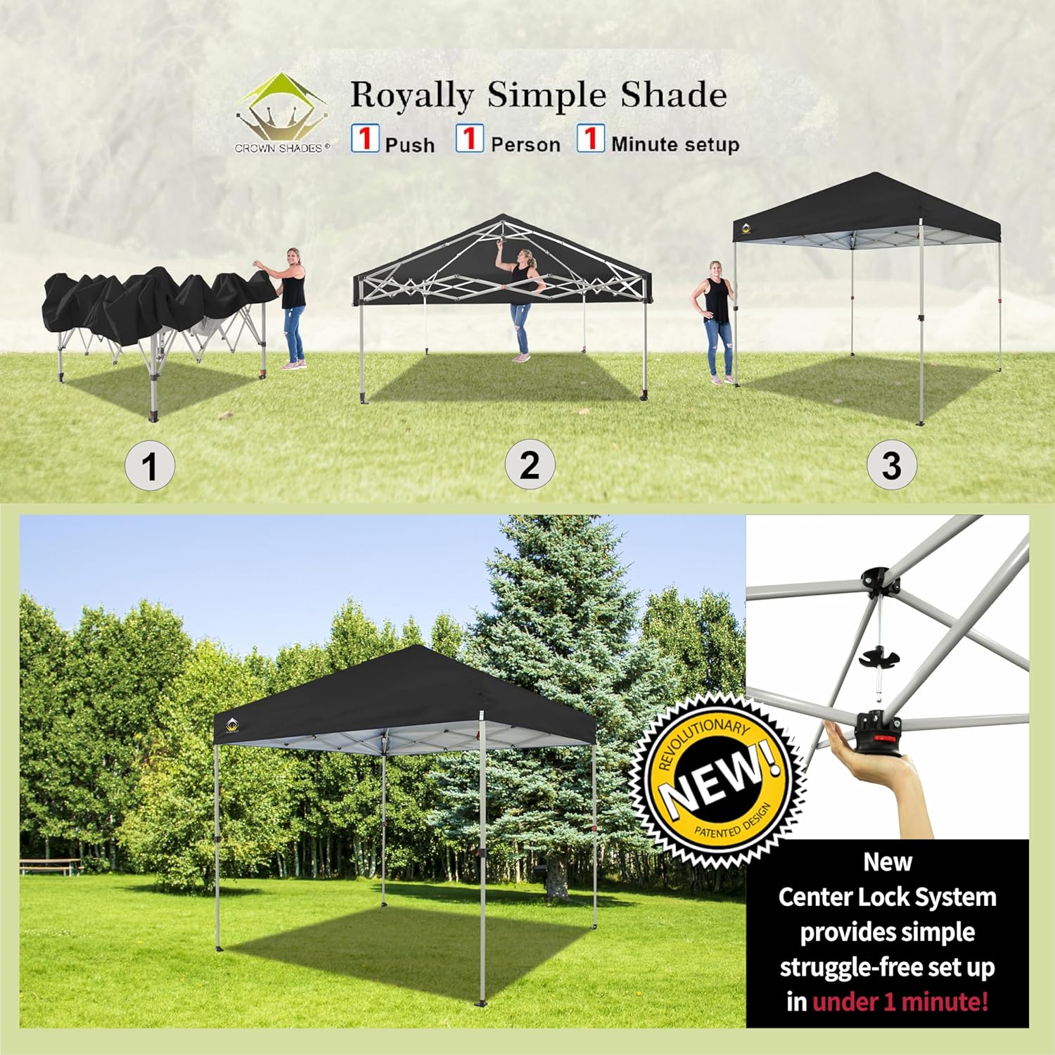CROWN SHADES - Toldo desplegable de 3.60 x 3.60 metros, toldo patentado de un empuje con bolsa de transporte con ruedas, 8 estacas y 4 cuerdas, negro