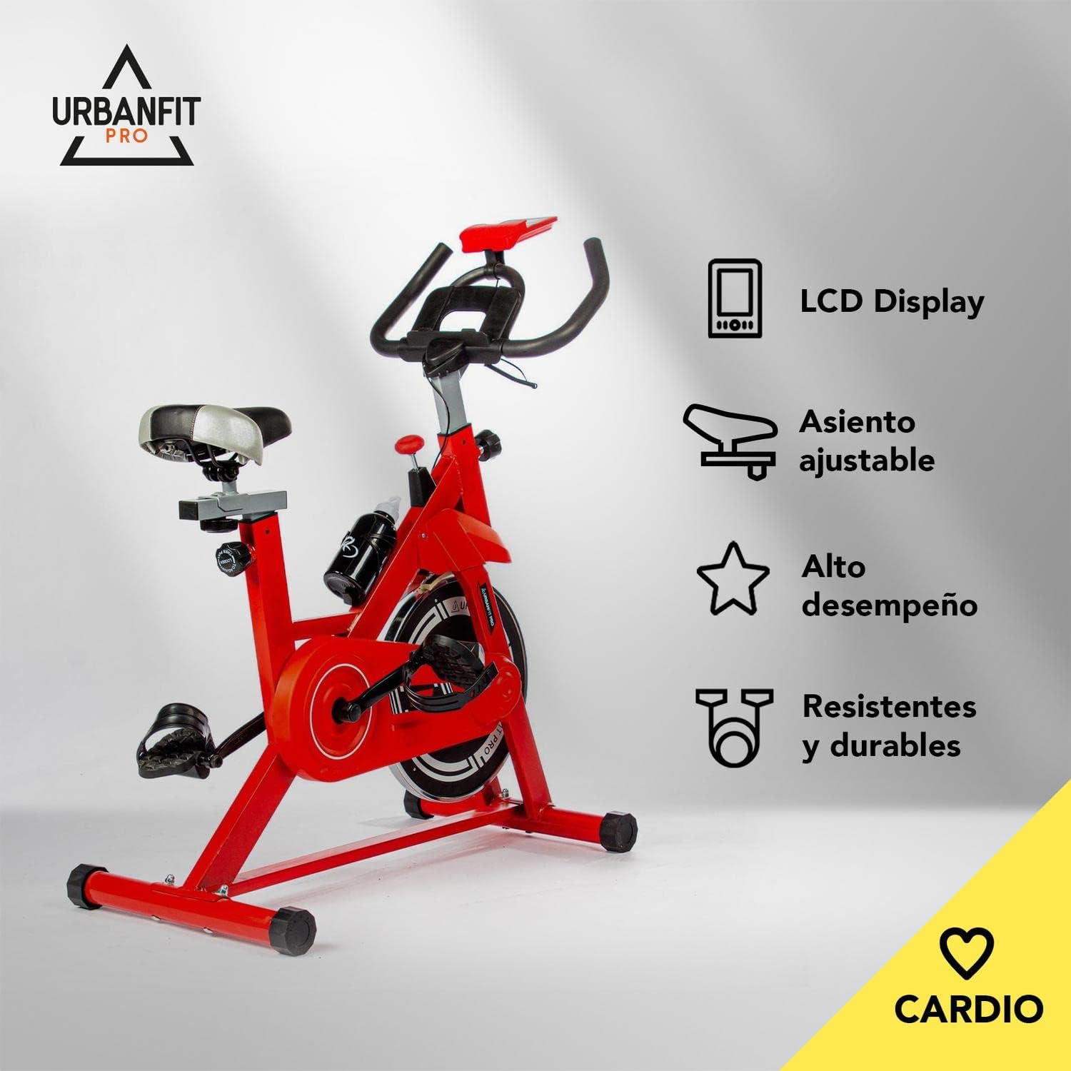 UrbanFit Pro - Bicicleta para Spinning, Estática - Disco de 7 kg - Monitor Electrónico, 6 Funciones - Bici Fija, Ajustable - Cardio en Casa - Varios Colores