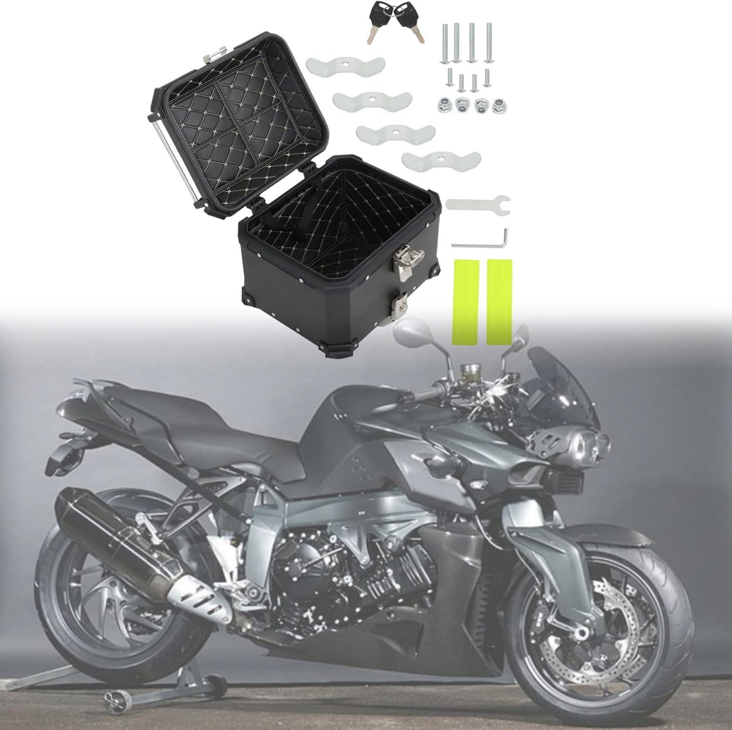 Labwork - Caja trasera para motocicleta de 45 l, con placa de montaje, aleación de aluminio dura, cierre de seguridad contra robo, metal plateado, caja trasera para maletero