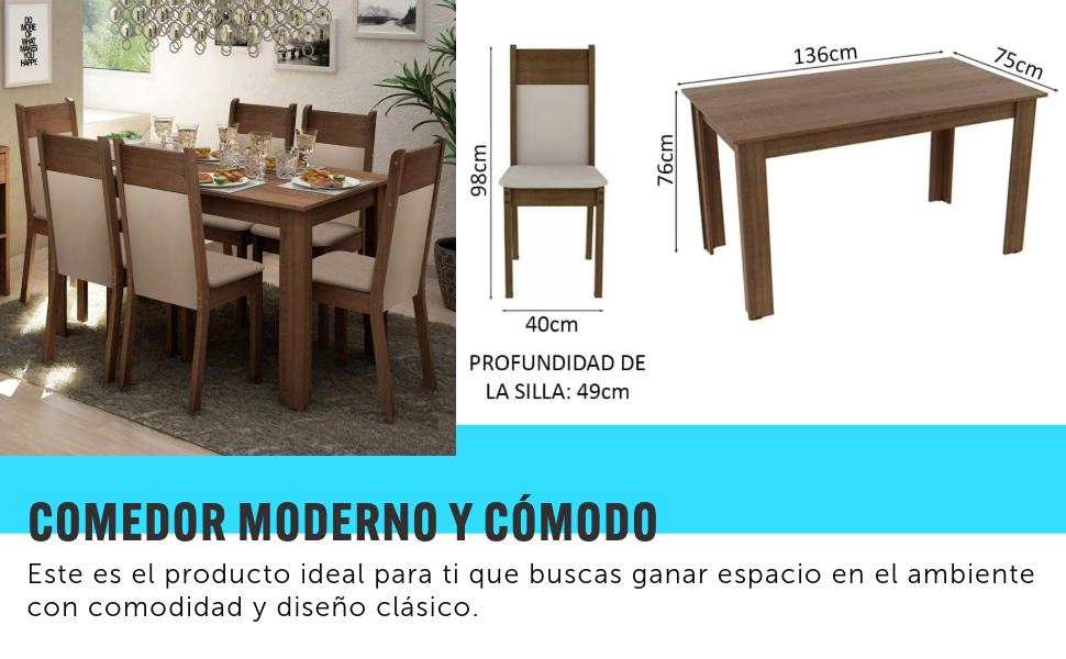 Madesa Juego de Comedor, Mesa con Tablero de Madera y 6 Sillas Ja&iacute;ne - Marr&oacute;n/Crema/Beige