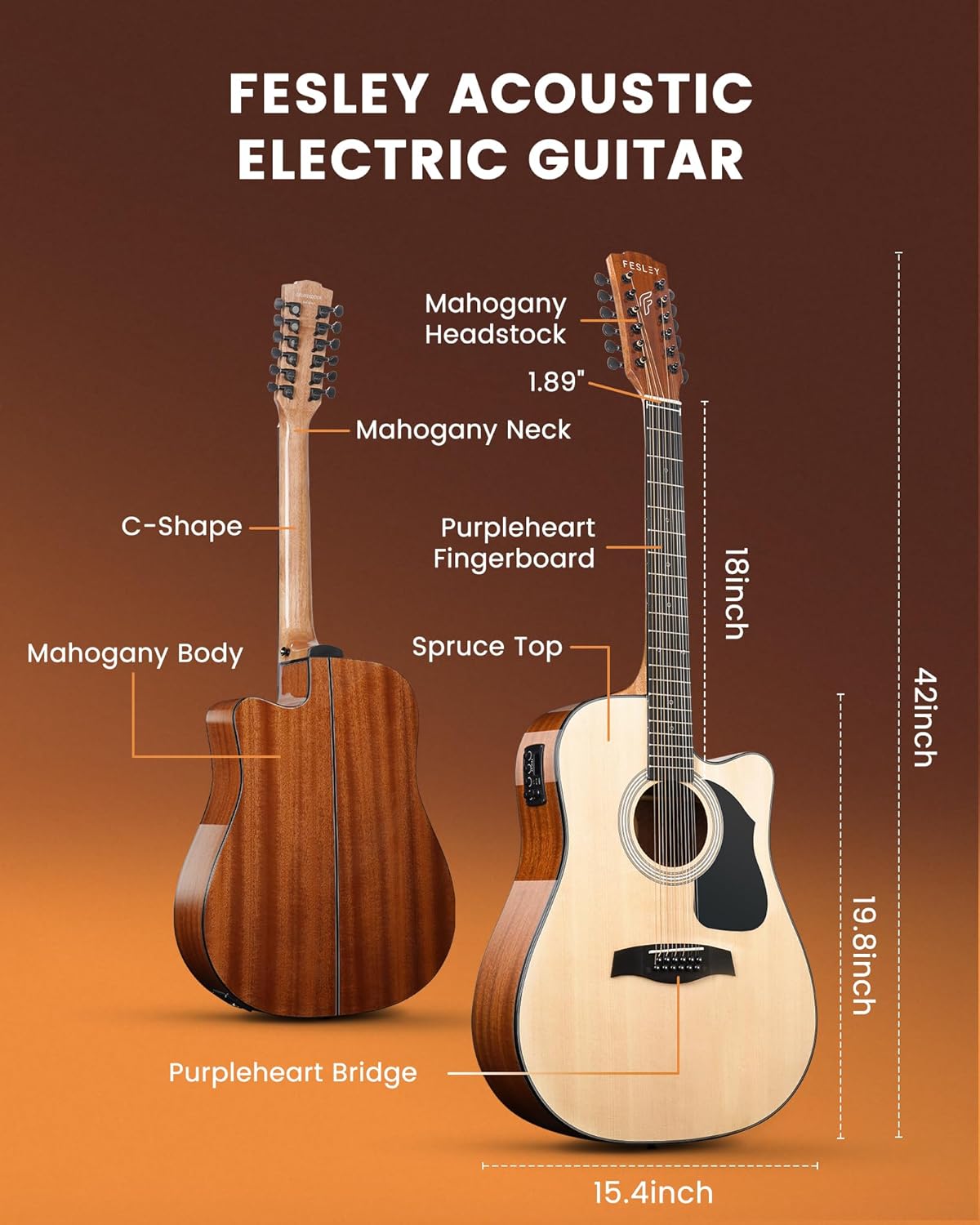 Fesley Guitarra de 12 cuerdas, guitarras eléctricas acústicas de tamaño completo para adultos, guitarra de abeto superior acústica, paquete de guitarra recortada con bolsa de concierto, púas, cuerdas, correa, natural