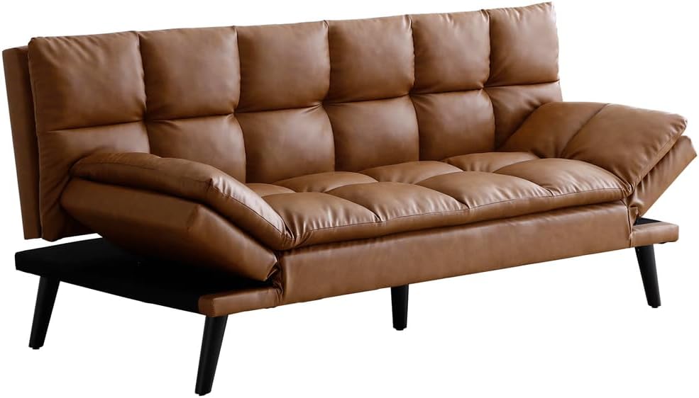 VANLIG | Sofá Cama Moderno de Vinipiel | Acolchado Futón Munich | Multiusos Ajustable | para Espacios Pequeños | Alta Calidad Resistente y Duradero | Color Café