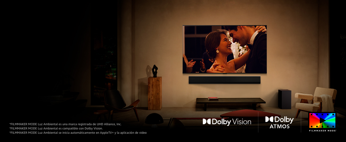 A movie on an LG OLED TV, an LG Soundbar, and the Dolby Vision and Atmos and FILMMAKER MODE logos