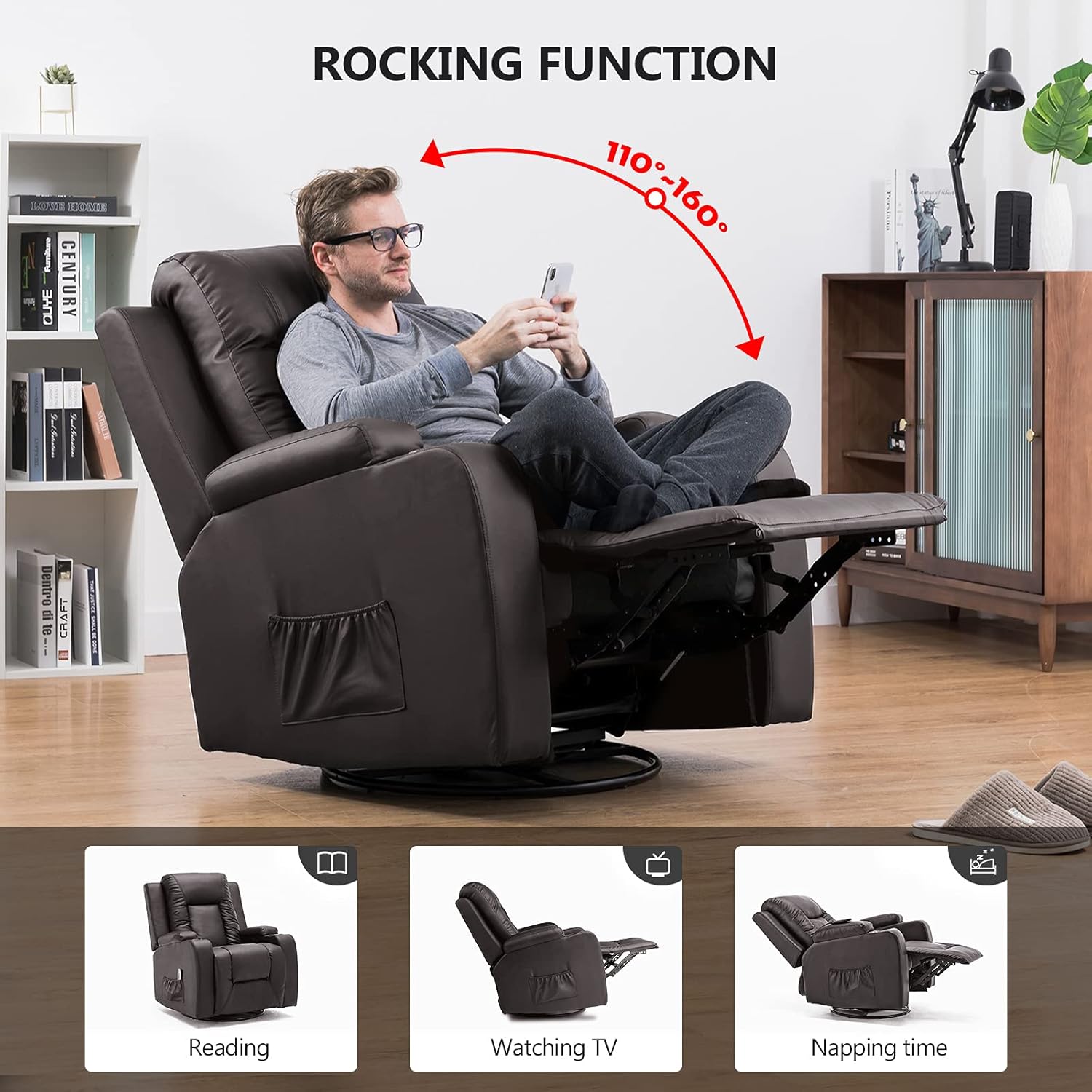COMHOMA - Silla reclinable giratoria, mecedora de poliuretano para adultos, con masaje y calor, portavasos, bolsillos laterales, para sala de estar y recámara