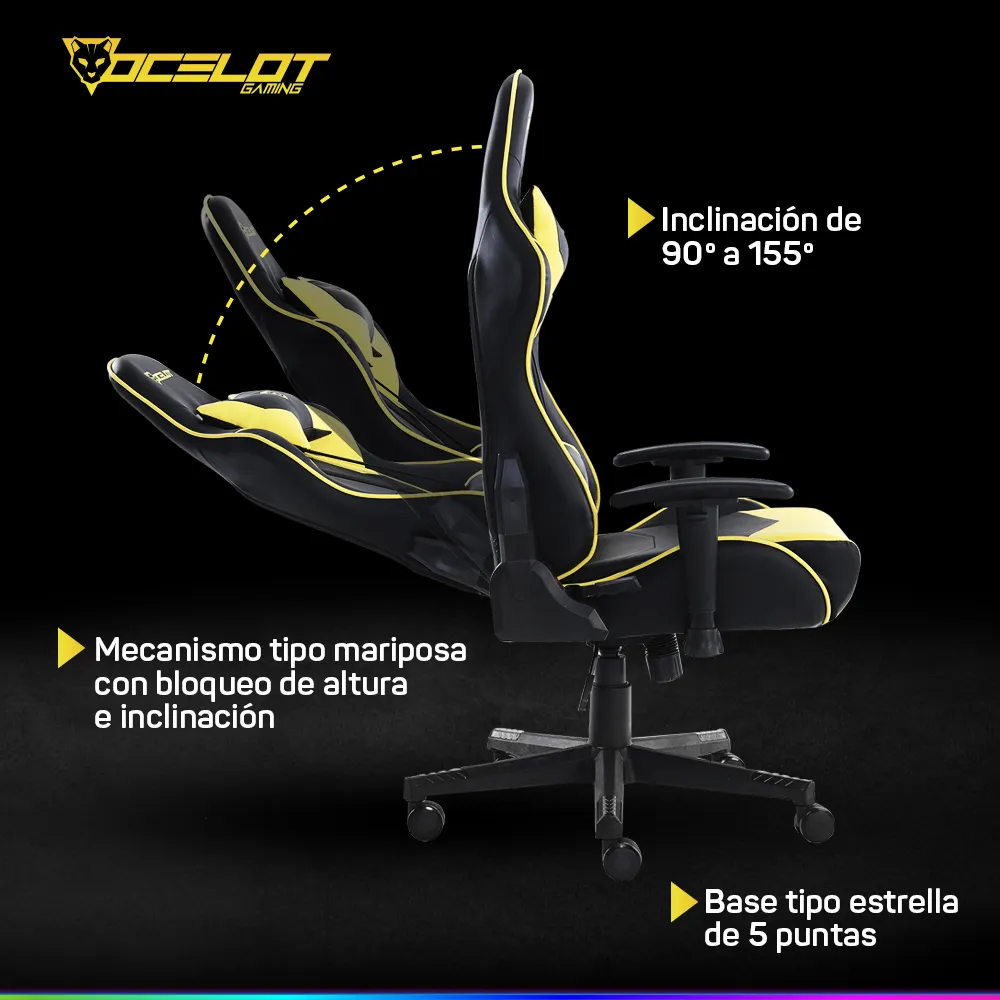 Imagen 2 de 6 de Silla Gamer Ocelot Ergonómica Descansa Brazos Ajustables Reclinable 90-155 grados Soporta hasta 150 Kg Almohadillas Color Negro y Amarillo Modelo OGS-02