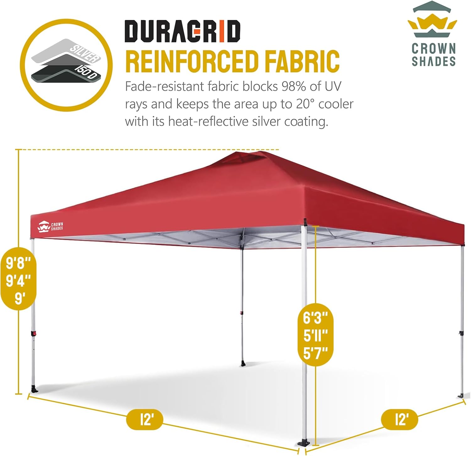 CROWN SHADES - Toldo desplegable de 3.60 x 3.60 metros, toldo patentado de un empuje con bolsa de transporte con ruedas, 8 estacas y 4 cuerdas, negro