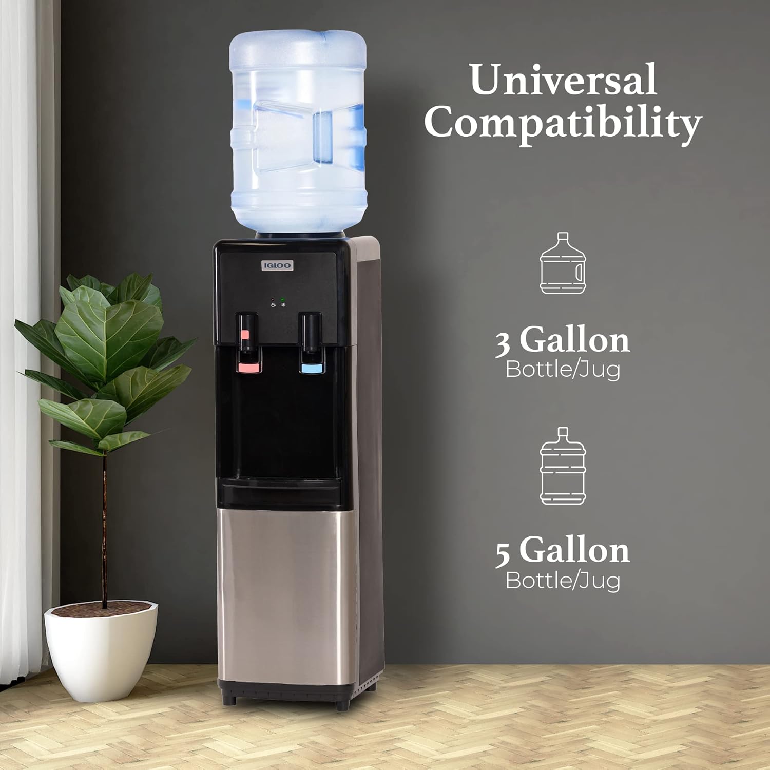 Igloo - Dispensador de agua fría y caliente de carga superior, enfriador de agua para botellas de 5 galones y botellas de 3 galones, incluye cerradura de seguridad para niños, máquina de agua perfecta