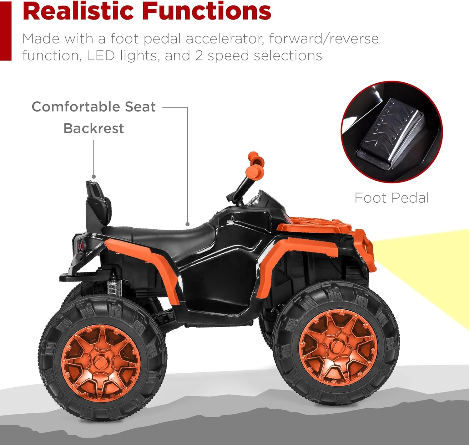 Best Choice Products 12V ATV eléctrico para niños de 4 ruedas con audio Bluetooth, velocidad máxima de 3.7 mph, neumáticos con banda de rodadura, faros LED, radio, color negro