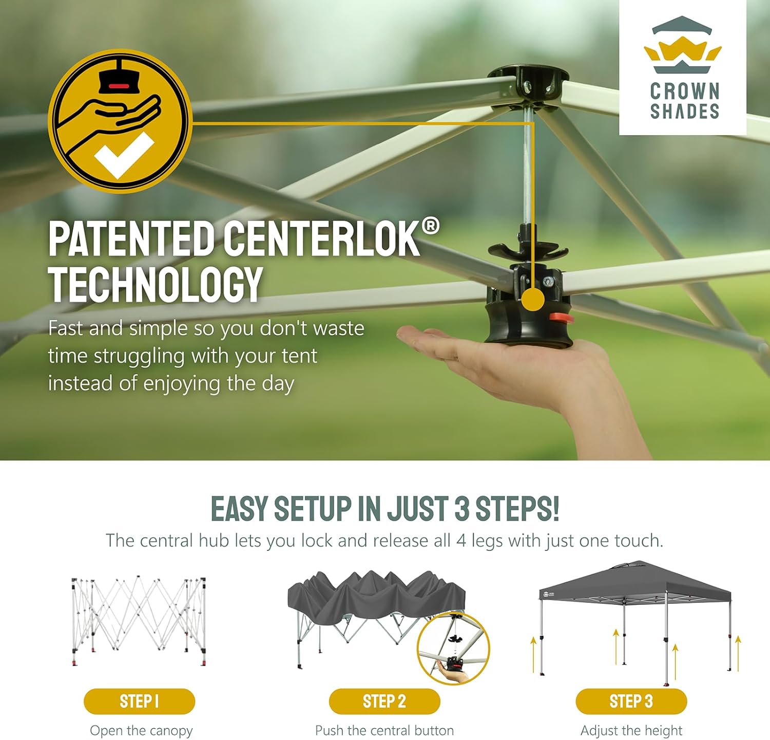 CROWN SHADES - Toldo desplegable de 3.60 x 3.60 metros, toldo patentado de un empuje con bolsa de transporte con ruedas, 8 estacas y 4 cuerdas, negro