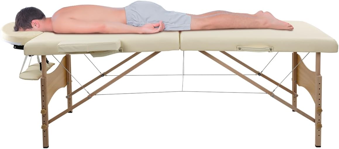 LUXZEN - Cama para Masajes Portatil Plegable Profesional con Estuche y Altura Ajustable Camilla Fisioterapia Ideal para Tatuar SPA Quiropraxia o Facial (Extra Grande 85cm Ancho) (Beige)