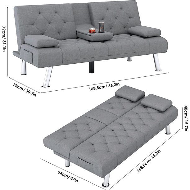 Homfa Sofá cama futón convertible, sofá cama plegable de 66.3 pulgadas con reposabrazos extraíbles y 2 portavasos para sala de estar, acabado gris-almohada