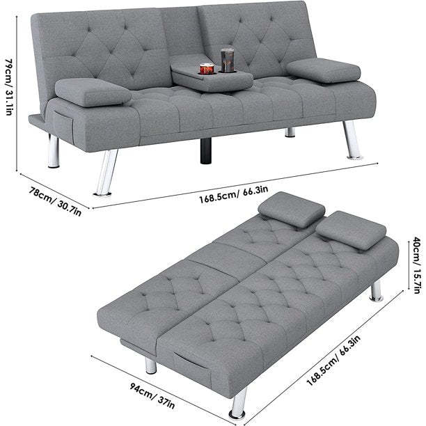 Homfa Sofá cama futón convertible, sofá cama plegable de 66.3 pulgadas con reposabrazos extraíbles y 2 portavasos para sala de estar, acabado gris-almohada