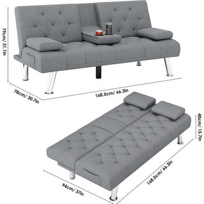 Homfa Sofá cama futón convertible, sofá cama plegable de 66.3 pulgadas con reposabrazos extraíbles y 2 portavasos para sala de estar, acabado gris-almohada