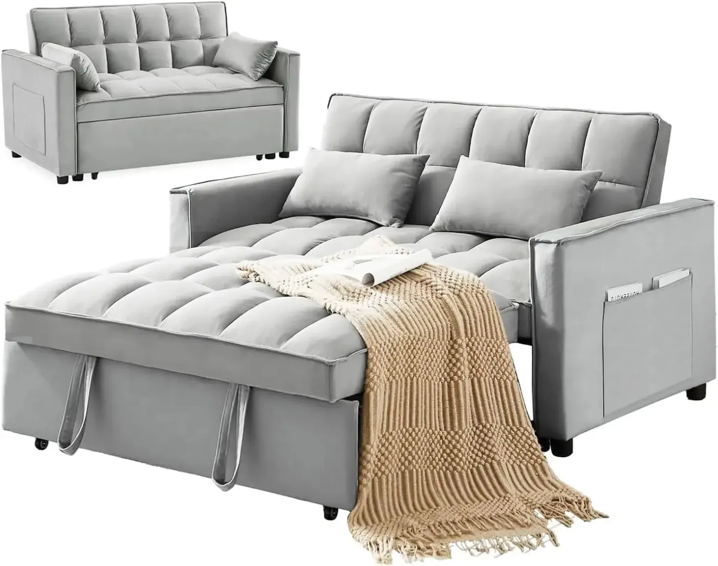 SofÃ¡ cama convertible de terciopelo con respaldo regulable en altura, almohadones con espacio de almacenamiento y sofÃ¡ cama extraÃ­ble