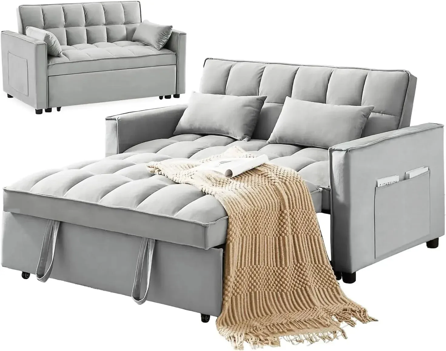 SofÃ¡ cama convertible de terciopelo con respaldo regulable en altura, almohadones con espacio de almacenamiento y sofÃ¡ cama extraÃ­ble