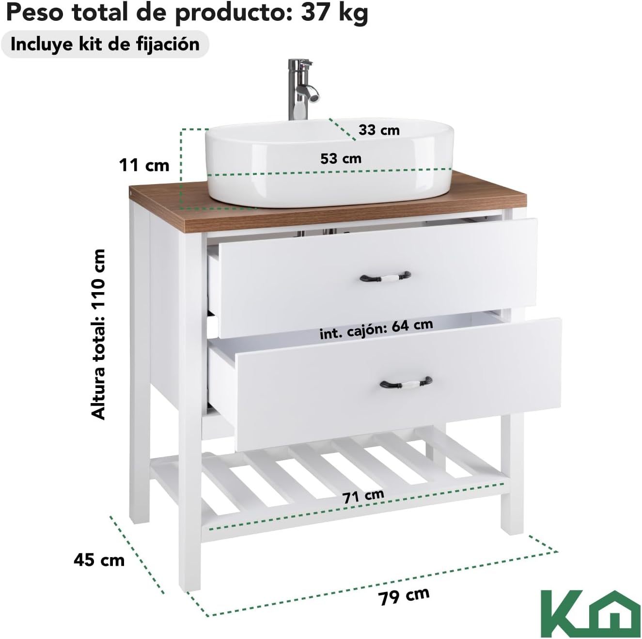 Kingshouse | Gabinete para Baño con Ovalín y Monomando – Mueble de Baño Lavamanos con 2 Cajones – Lavabo – Gabiente Organizador - Color Gris Mate – Fibra de Madera MDF – Lavamanos De Cerámica