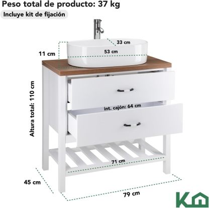 Kingshouse | Gabinete para Baño con Ovalín y Monomando – Mueble de Baño Lavamanos con 2 Cajones – Lavabo – Gabiente Organizador - Color Gris Mate – Fibra de Madera MDF – Lavamanos De Cerámica