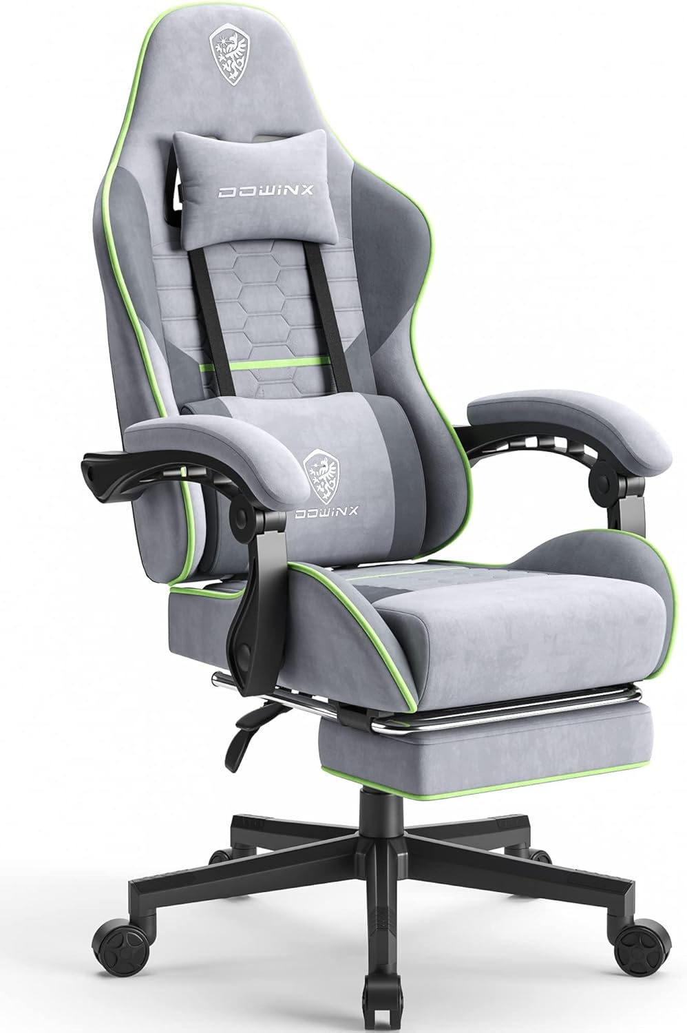 Dowinx - Silla de Juego de Tela con cojín de Resorte de Bolsillo, Silla de Juego de Masaje con reposacabezas, Silla ergonómica de computadora con reposapiés de 300 Libras, Negro y Gris