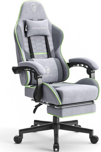Dowinx - Silla de Juego de Tela con cojín de Resorte de Bolsillo, Silla de Juego de Masaje con reposacabezas, Silla ergonómica de computadora con reposapiés de 300 Libras, Negro y Gris