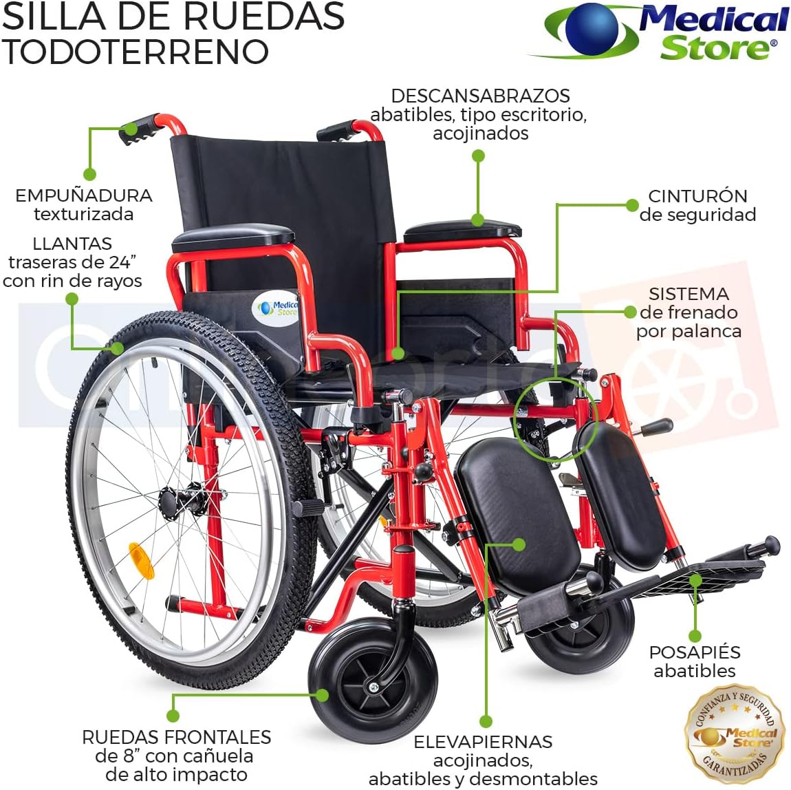 Medical Store Silla de Ruedas TODO TERRENO de Lujo, Modelo 101, Acero Resistente, Con Eleva piernas Desmontables y Descansabrazos Abatibles Color Rojo.…