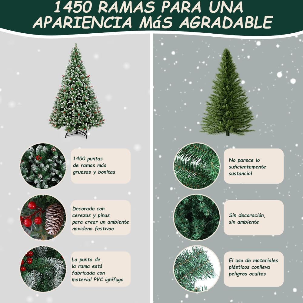 Árbol de Navidad (1.8 M), Árbol de Navidad Artificial, Bayas Rojas y Piñones, Efecto Nevado, Decoración Navideña para Interior y Exterior, Regalo de Navidad