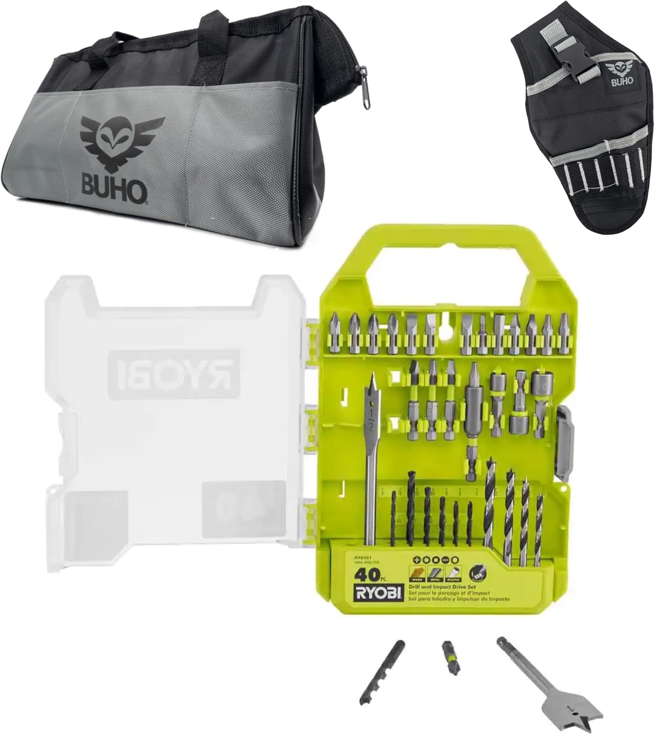 Kit combinado de 6 herramientas eléctricas con bolsa de herramientas Buho y funda, 6 herramientas Ryobi, 2 baterías, cargador y juego de brocas de 40 piezas