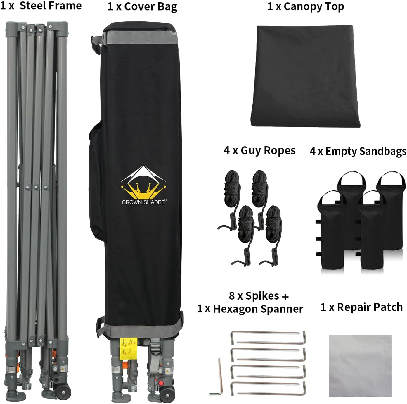 CROWN SHADES - Toldo desplegable de 3.60 x 3.60 metros, toldo patentado de un empuje con bolsa de transporte con ruedas, 8 estacas y 4 cuerdas, negro