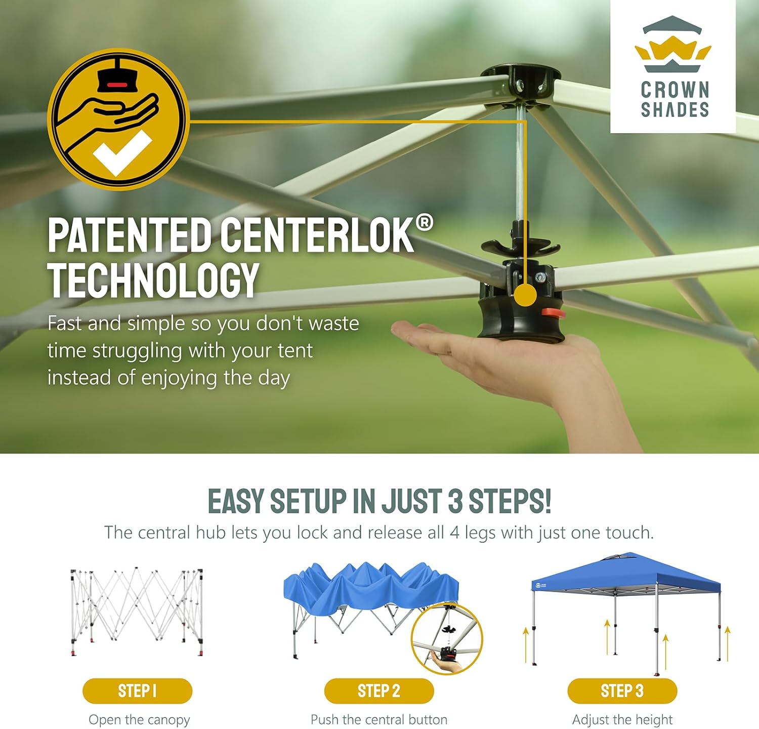 CROWN SHADES - Toldo desplegable de 3.60 x 3.60 metros, toldo patentado de un empuje con bolsa de transporte con ruedas, 8 estacas y 4 cuerdas, negro