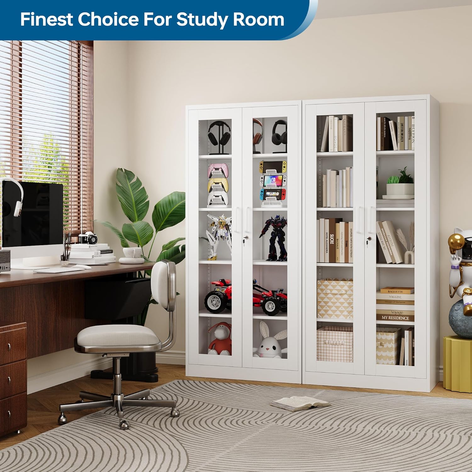 PEUKC - Vitrina con puertas de vidrio, vitrinas con 4 estantes ajustables y cerradura para el hogar, la oficina, la clínica, la despensa, requiere ensamblaje, negro, color madera