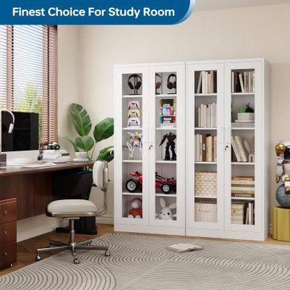 PEUKC - Vitrina con puertas de vidrio, vitrinas con 4 estantes ajustables y cerradura para el hogar, la oficina, la clínica, la despensa, requiere ensamblaje, negro, color madera