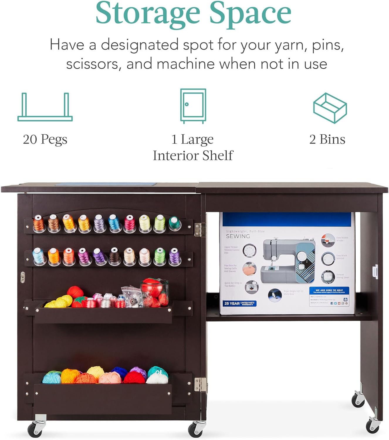 Best Choice Products - Mesa de coser plegable multiusos, estación de manualidades, diseño compacto, ruedas, estantes, almacenamiento, clavijas, puertas magnéticas, pomos de puerta de metal, blanca
