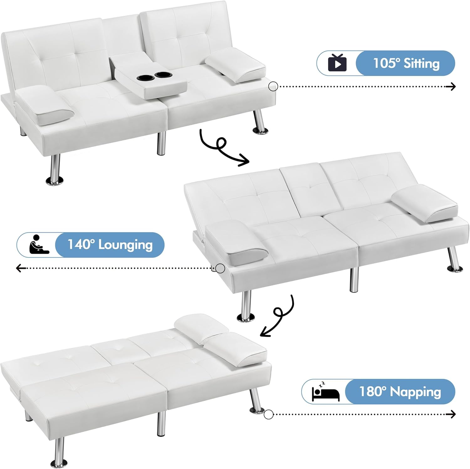 Yaheetech - Sofá Cama Convertible Ajustable, Moderno sillón reclinable de Piel sintética Reversible, sofá Cama Plegable, reposabrazos extraíbles, portavasos, 3 ángulos, Capacidad de 700 Libras, Color