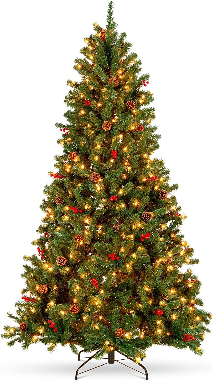 Best Choice Products - Árbol de Navidad artificial preiluminado de 7 pies predecorado con bisagras, con 1.346 puntas, piñas, bayas, 550 luces, base de metal