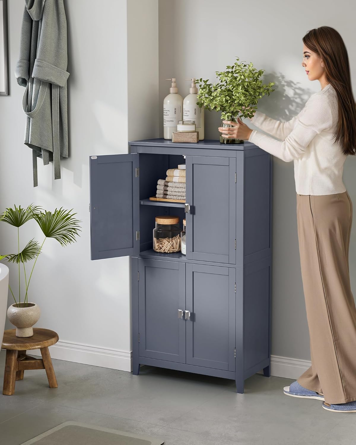 VASAGLE Mueble de Baño, Armario de Baño, Armario de Cocina, con 2 Puertas y 2 Cajones, Estantes Ajustables, 30 x 60 x 110 cm, Gris Paloma MBBC551G02